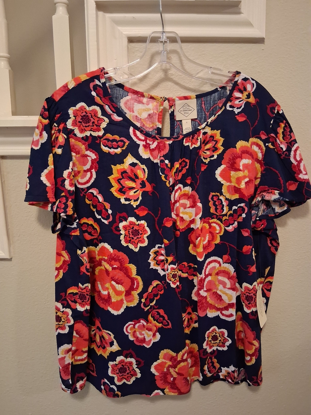 St. John's Bay Navy Floral Short Sleeve Blouse with Pink and Orange Blooms